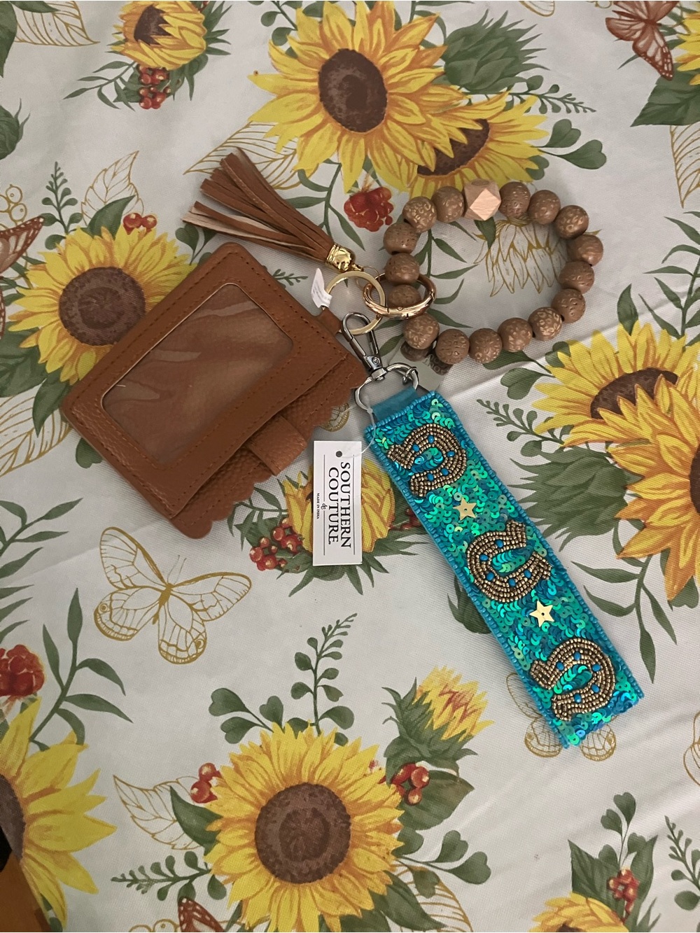 Southern Couture Brown Leather Cardholder with Teal Sequin Wrist Strap